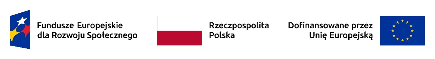 Logotypy: Fundusze Europejskie dla Rozwoju Społecznego, flaga Polski z napisem Rzeczpospolita Polska, oraz flaga Unii Europejskiej z napisem Dofinansowane przez Unię Europejską.
